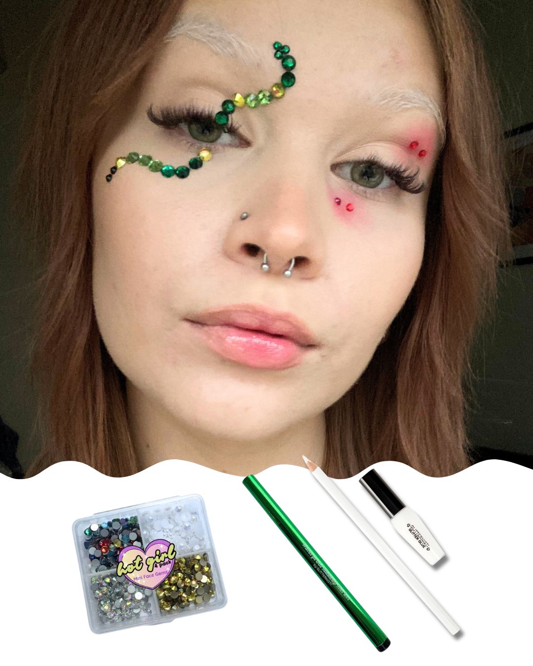 Käärmettä imitoiva meikki joka on tehty vihreillä ihotimanteilla.
